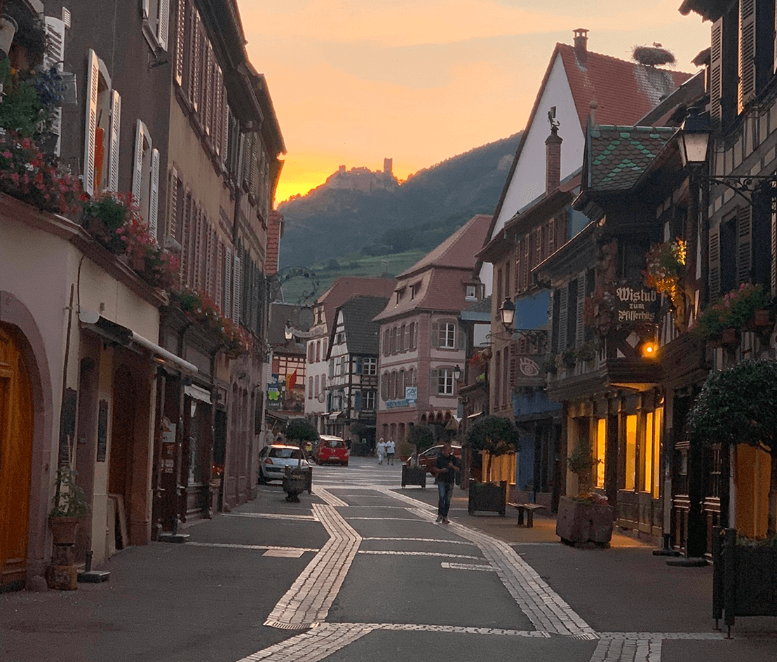 Historic town street during sunset