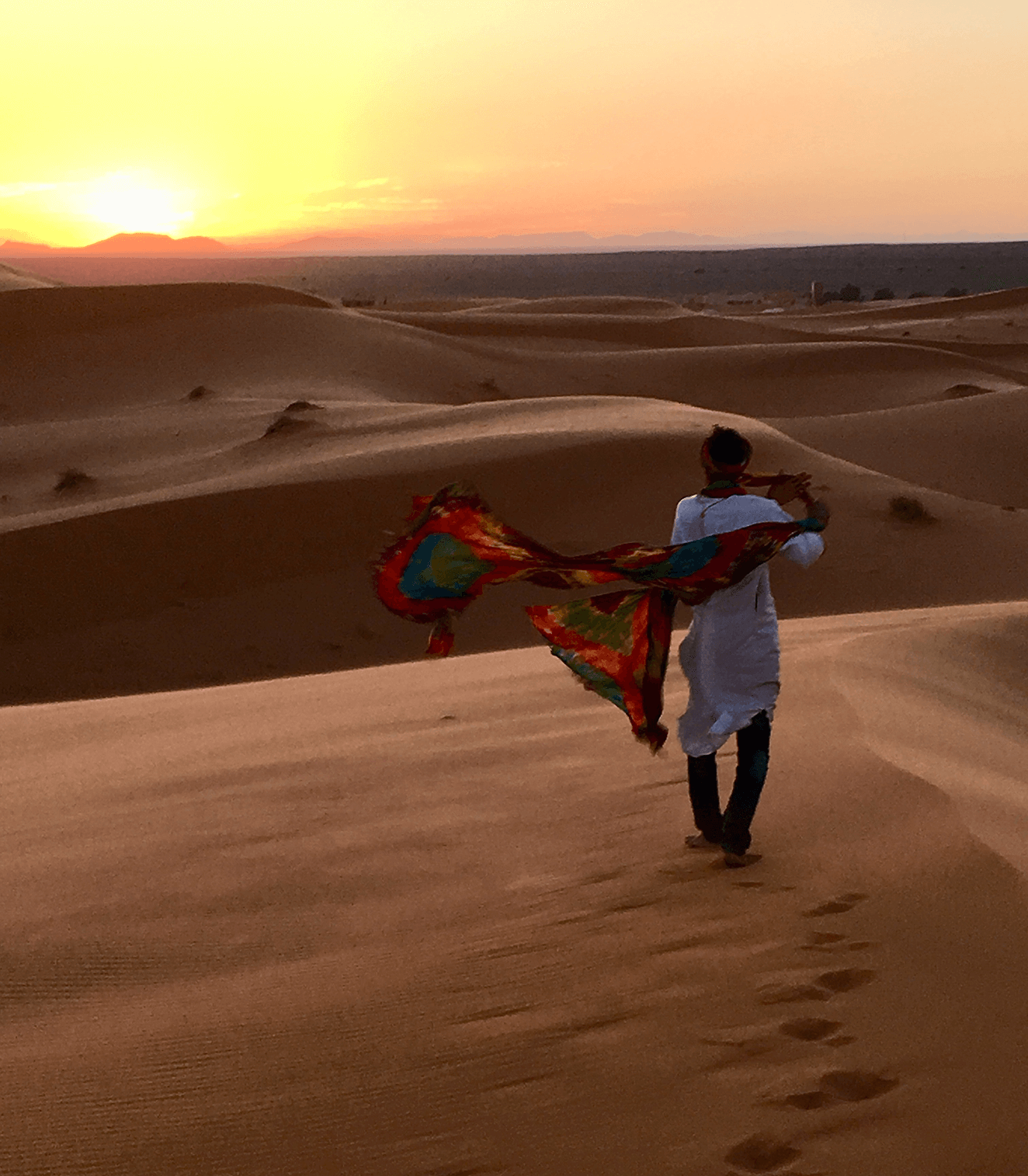 Footprints in sandy desert landscape